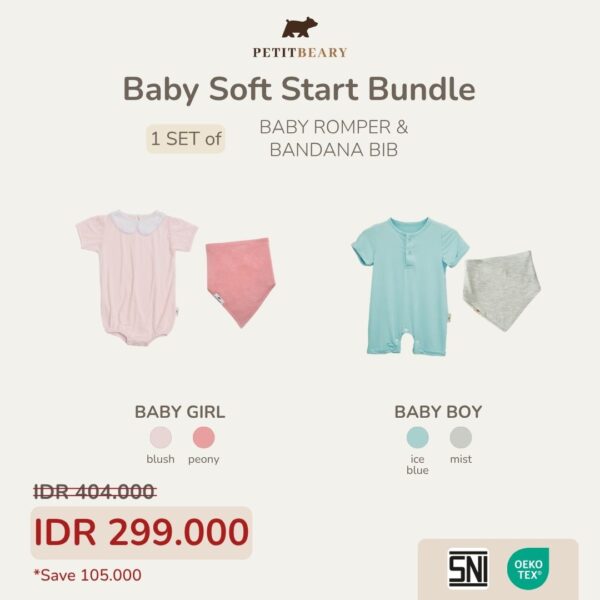 Baby Soft Start Bundle – Romper/Bodysuit + Bib Set | Baju Bayi Premium Lembut & Nyaman