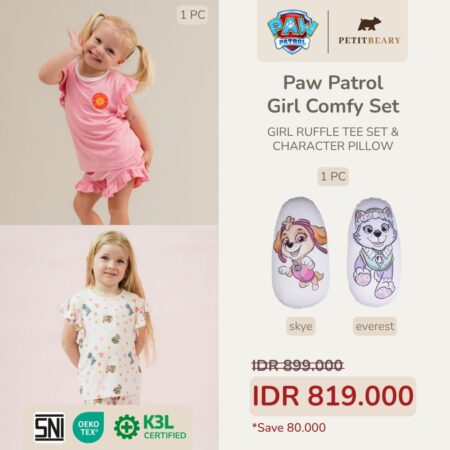 PAW Patrol Girl Comfy Set Petit Beary – Ruffle Tee Set + Character Pillow | Baju Anak Perempuan Bantal Guling Nyaman & Lembut