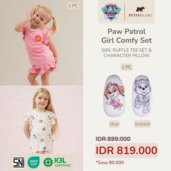 PAW Patrol Girl Comfy Set Petit Beary – Ruffle Tee Set + Character Pillow | Baju Anak Perempuan Bantal Guling Nyaman & Lembut
