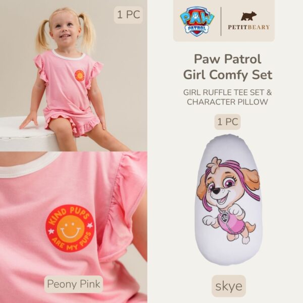 PAW Patrol Girl Comfy Set Petit Beary – Ruffle Tee Set + Character Pillow | Baju Anak Perempuan Bantal Guling Nyaman & Lembut