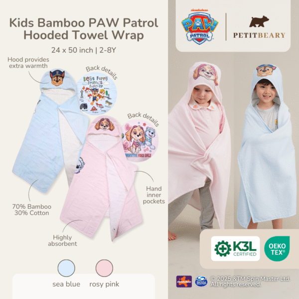 Handuk Topi Bayi Bamboo Premium – PAW Patrol Original Hooded Towel Bath Swim Poncho | Petit Beary (3–8Y)