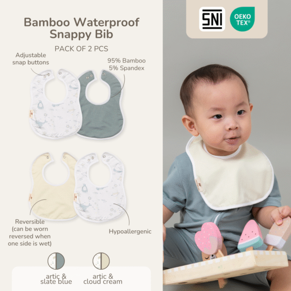 Celemek Bayi Bamboo Waterproof – Snappy Bib Isi 2pcs Anti Basah | Petit Beary