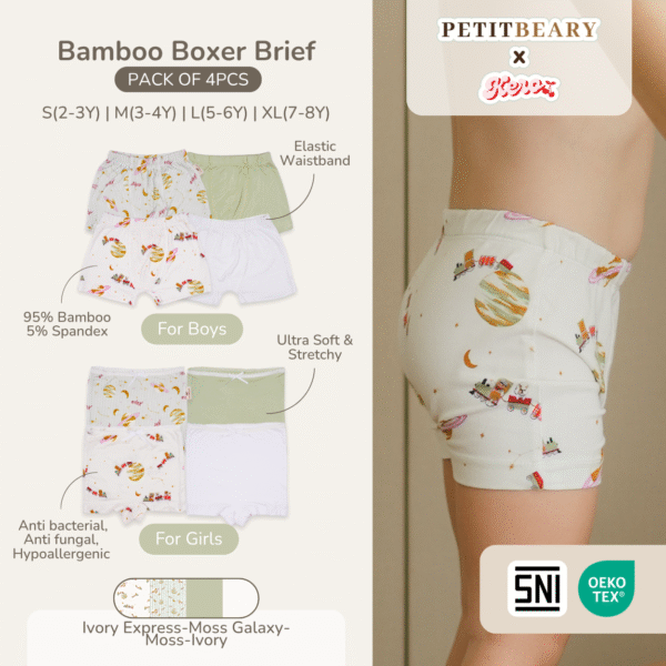 Celana Dalam Anak Bamboo – Boxer Brief Isi 4pcs Boy Girl | Petit Beary x Kero (2Y-8Y)