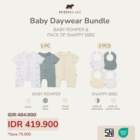 Setelan Bayi Bamboo Premium – Romper + Snappy Bib 2pcs | Daywear Bundle Petit Beary (0–18M)