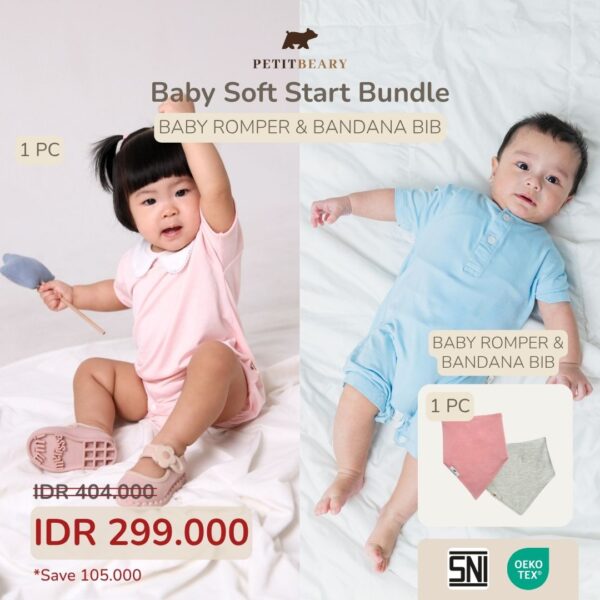 Baju Bayi Bamboo Premium – Romper + Bib Set Newborn | Soft Start Bundle Petit Beary (0–18M)