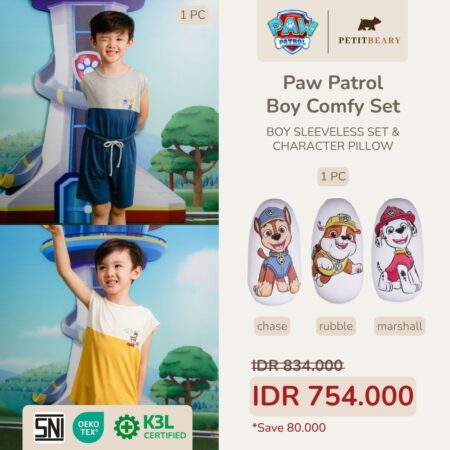 Setelan Anak Laki PAW Patrol – Sleeveless Set + Bantal Guling Karakter | Bamboo Premium Petit Beary (1–8Y)